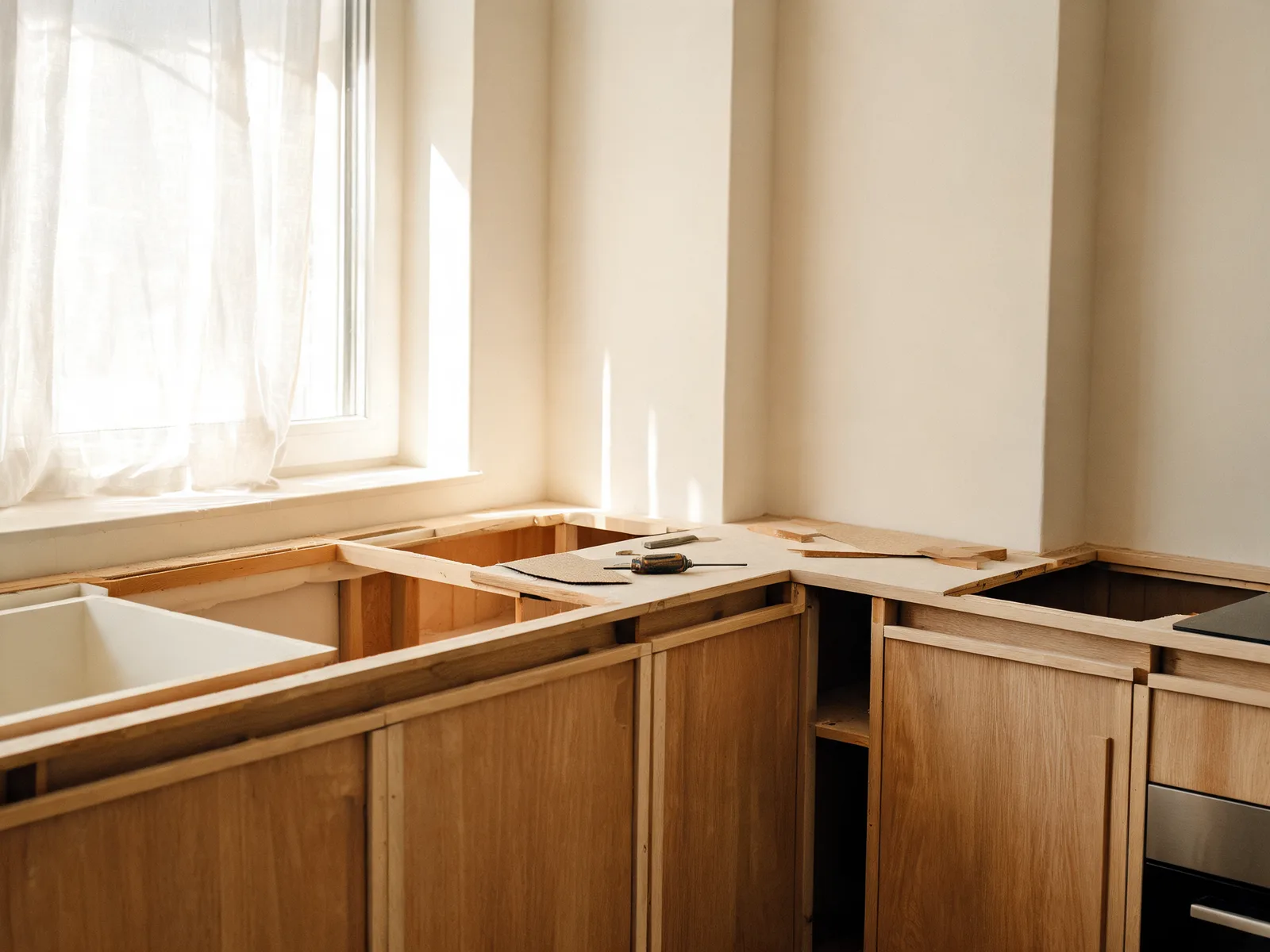 Detalje af bordpladesamling ved køkkenrenovering i Køge